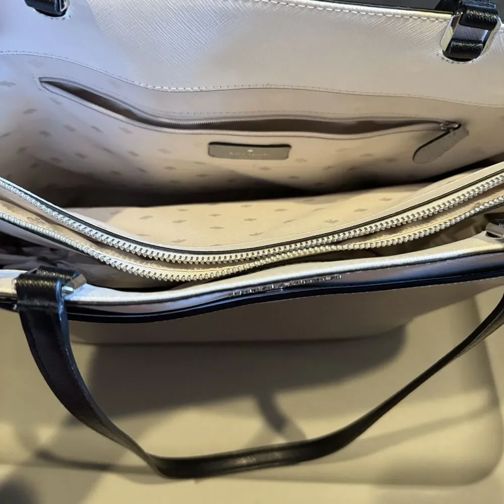 Kate Spade Staci Tote Colorblock Saffiano Leather Laptop Work Bag Gray White